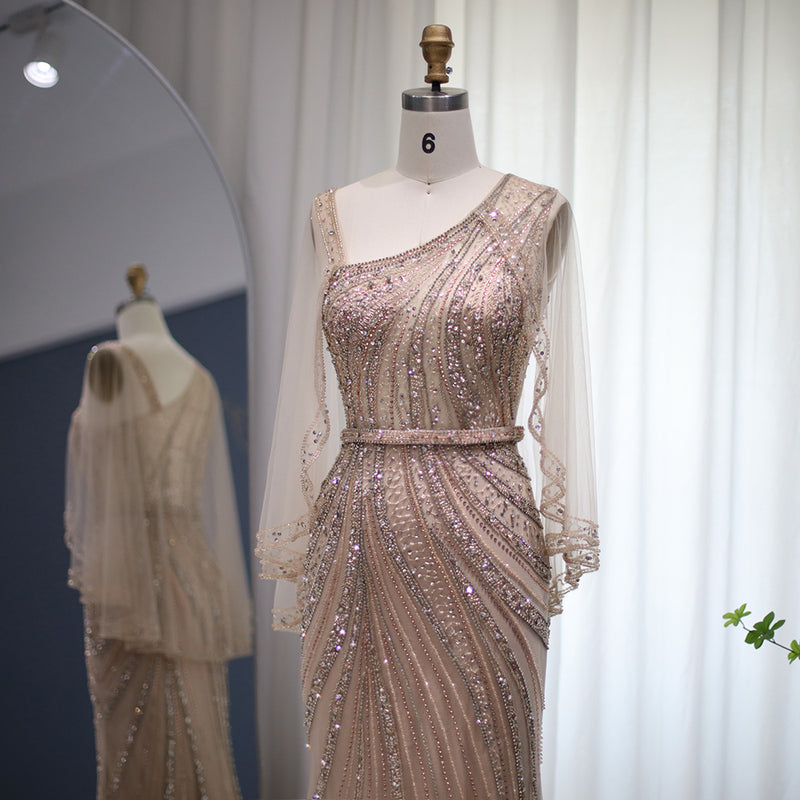 Luxury Dubai Mermaid Gold Evening Dress with Cape Silver One Shoulder Long Prom Dresses for Women Wedding Party