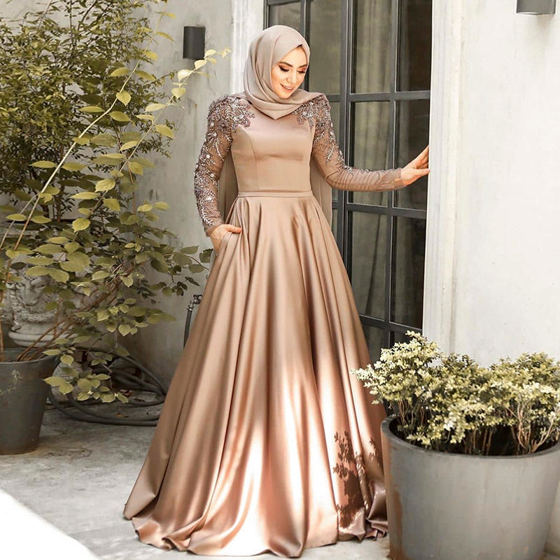 Elegant Champagne Long Sleeves Muslim Evening Dress with