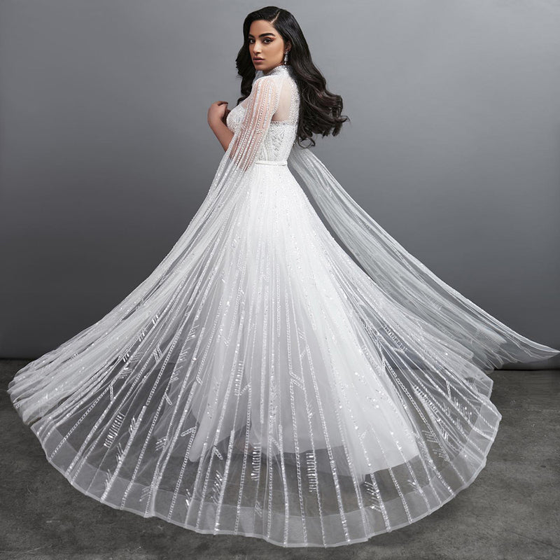 Luxury Dubai White Evening Dresses for Women Wedding Long Cape Sleeves Beaded Arabic Muslim Formal Party Gowns