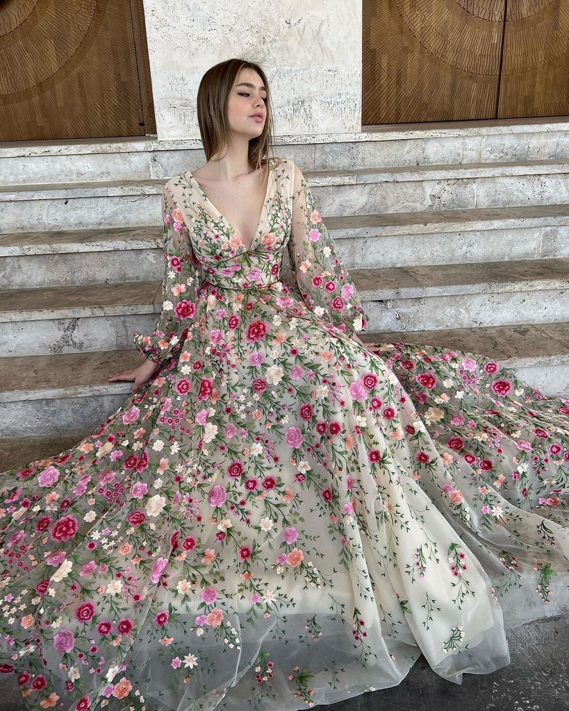 Champagne Embroidery Long Evening Dresses 2022 Garden Floral Tulle A-line Formal Prom Dress for Women Wedding Party