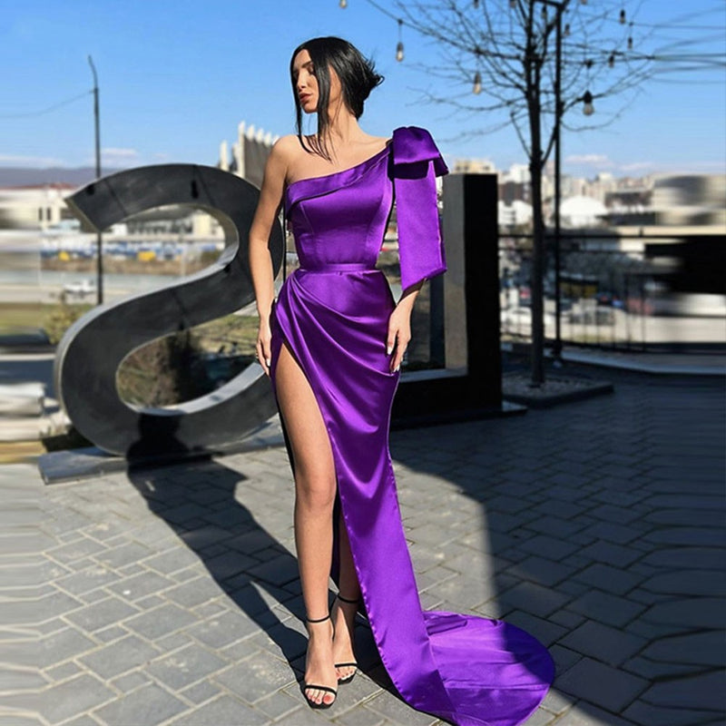 Mermaid One Shoulder Purple Satin Evening Dress Sexy High Split Party Women Prom Gowns with Bow Robes De Soirée فساتين ال