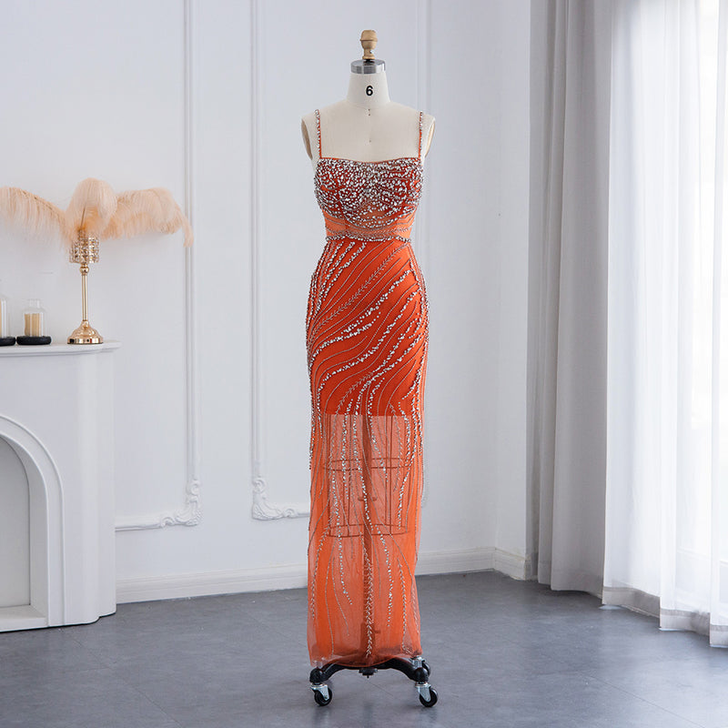 Orange Spaghetti Straps Mermaid Evening Dresses Luxury Dubai Crystal Long Prom Dress for Women Wedding Party