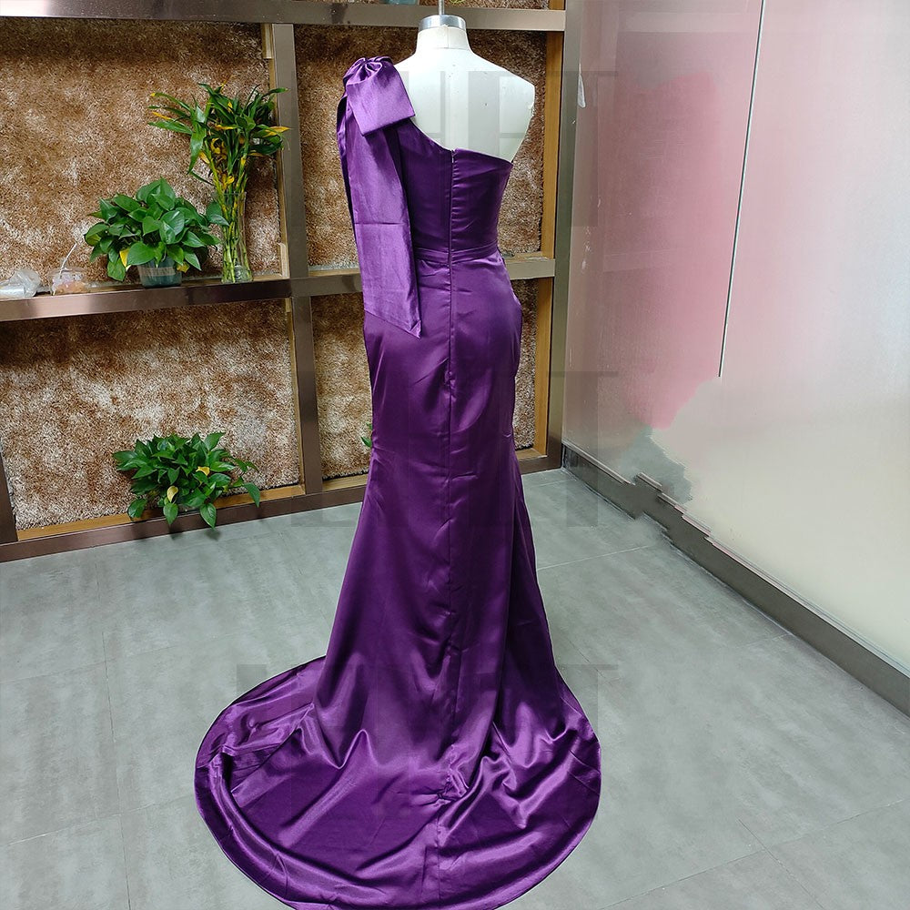 Mermaid One Shoulder Purple Satin Evening Dress Sexy High Split Party Women Prom Gowns with Bow Robes De Soirée فساتين ال