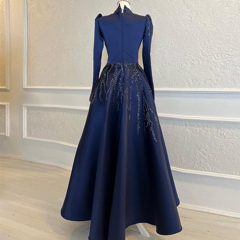 Navy Blue Muslim Evening Dresses for Women Wedding Guest 2022 Luxury Beaded Dubai Formal Party Gowns