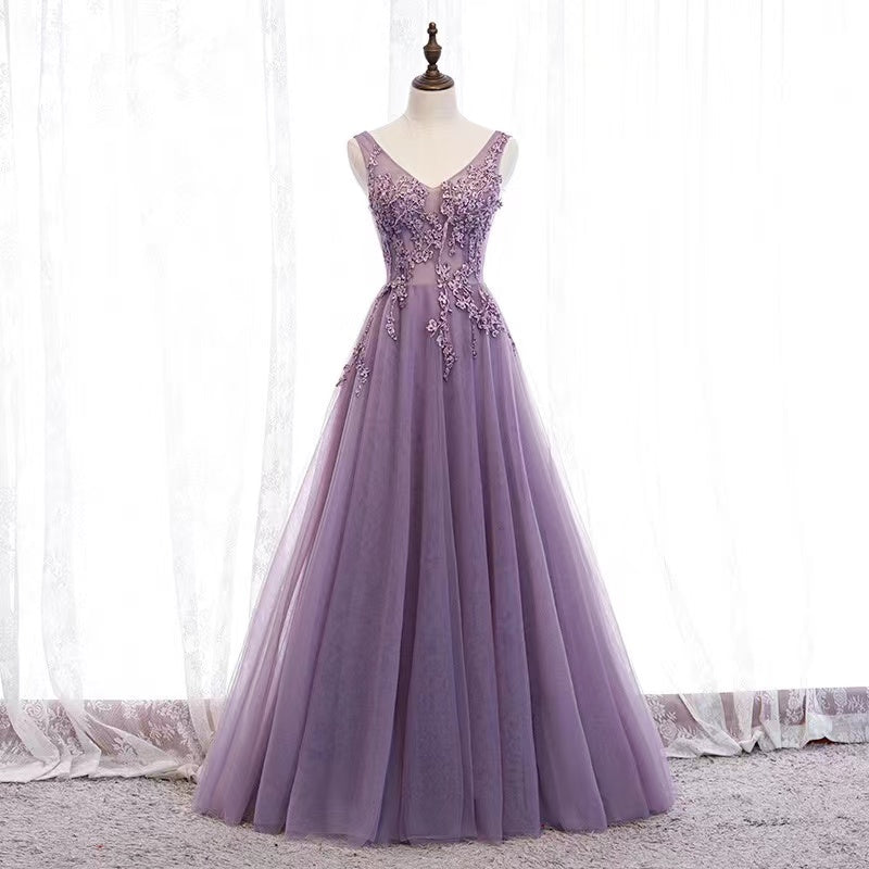 Elegant Long Purple Prom Dresses Lace Applique Sleeveless 2022 V Neck Lace Up Formal Party Evening Gowns Robe De Soirée Vestidos