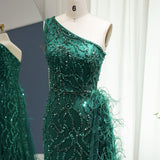 Luxury Feather One Shoulder Emerald Mermaid Prom Dresses with Slit Long Evening Dress for Women Wedding Party Gowns