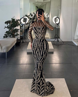 Luxury Black Prom Dress High Neck Long Sleeve Sequins Beading Exquisite Mermaid Party Dresses Detachable Train 2022 New Arrivals