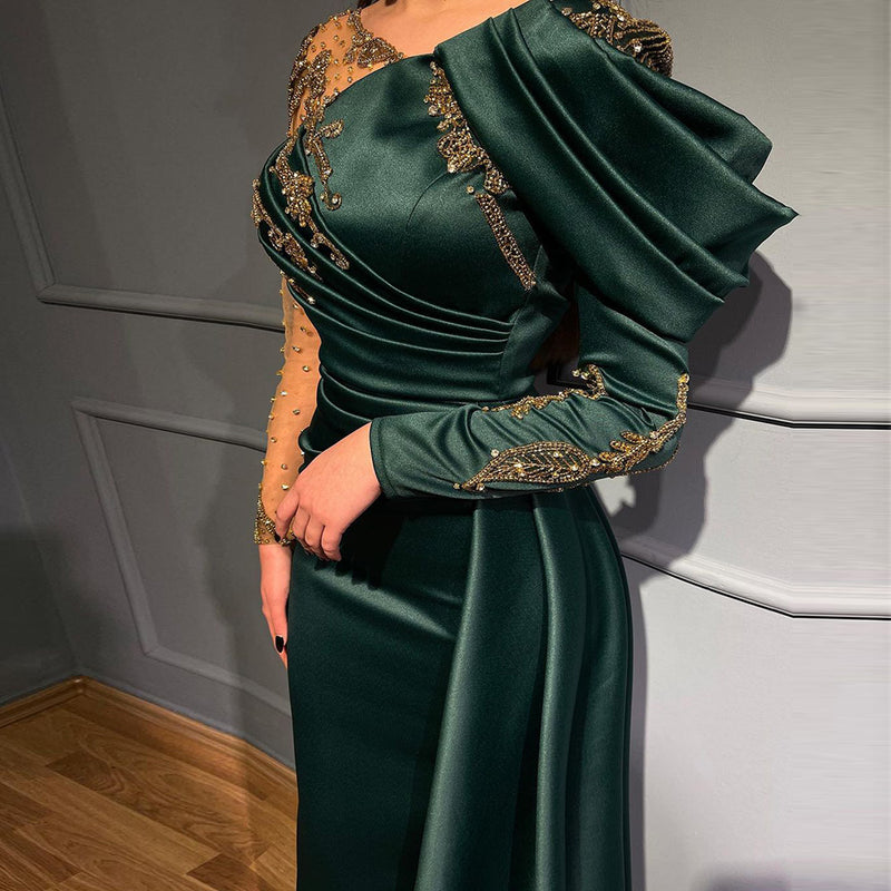 Luxury Emerald Mermaid Arabic Evening Dress for Women Wedding Beaded Overskirt Elegant Formal Party Gown