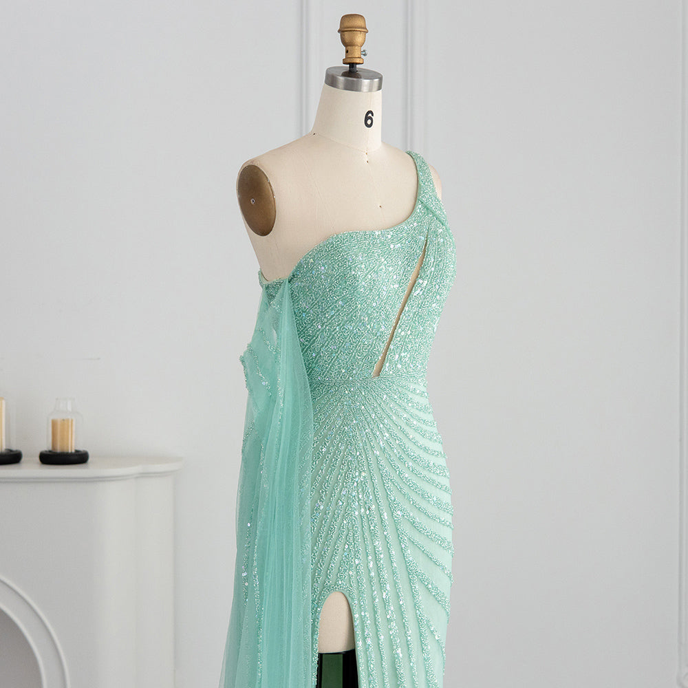 Pink One Shoulder Mermaid Evening Dresses Cape Sleeve Luxury Dubai Mint Green Formal Dress for Wedding Party