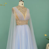 Luxury Dubai Crystal Light Blue Arabic Evening Dress with Cape Sleeve Elegant Women Long Formal Party Dresses for Wedding