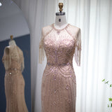 Champagne Tassel Mermaid Evening Dresses 2022 Luxury Dubai Long Formal Prom Dress for Women Wedding Party Gown