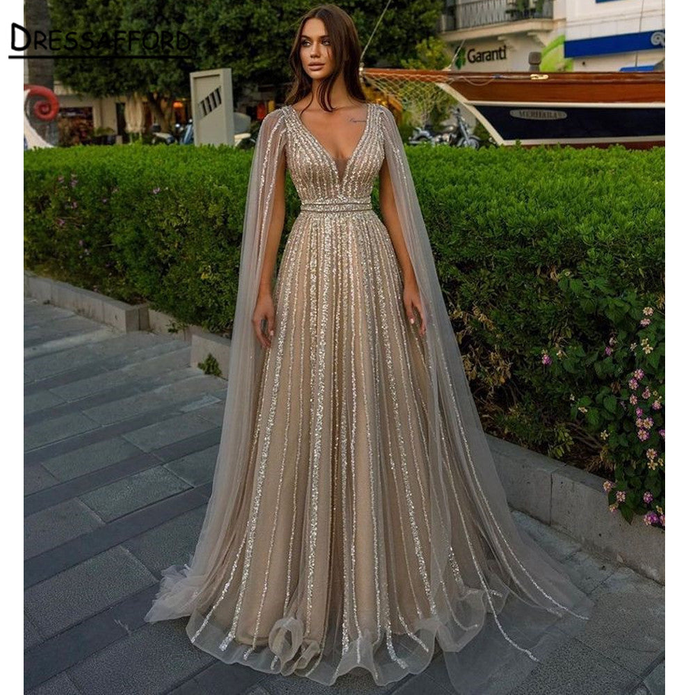 Nude Arabic Evening Dresses Gowns Luxury Cape Sleeves 2022 A-Line Beaded Sexy For Women Party