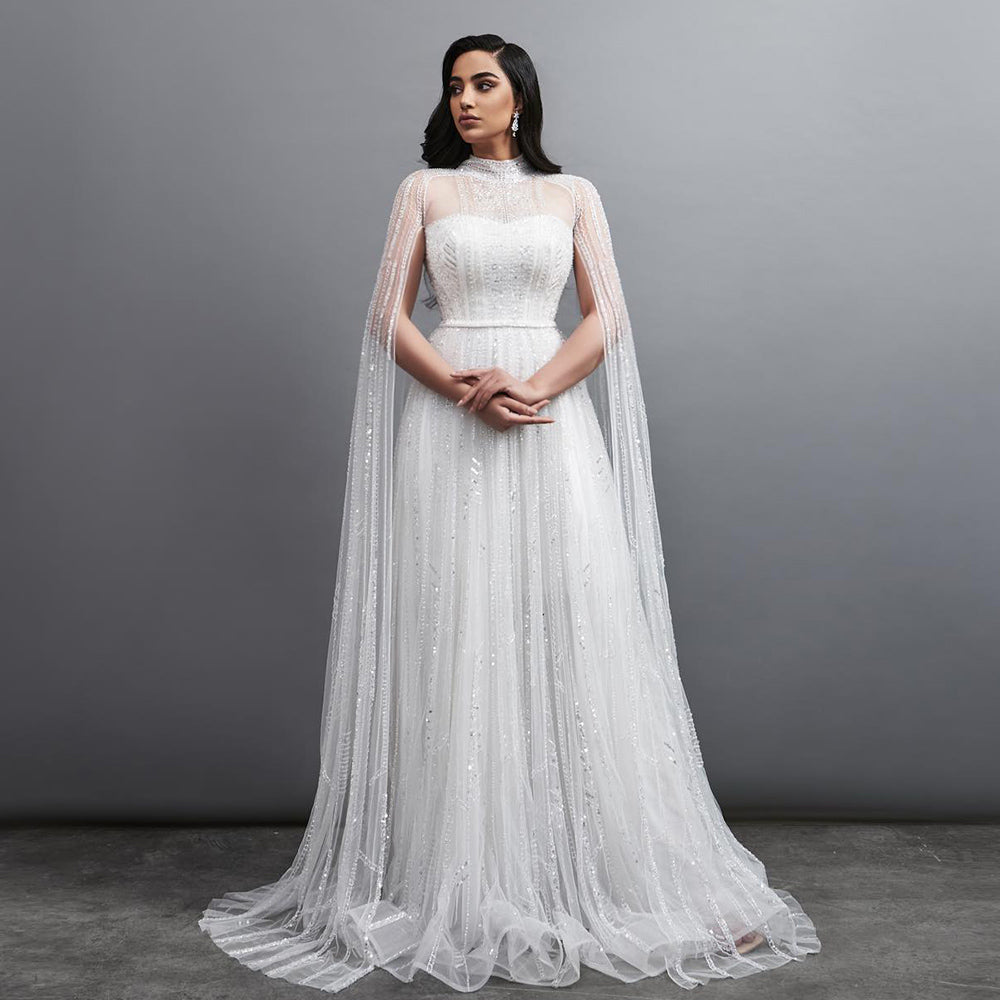 Luxury Dubai White Evening Dresses for Women Wedding Long Cape Sleeves Beaded Arabic Muslim Formal Party Gowns