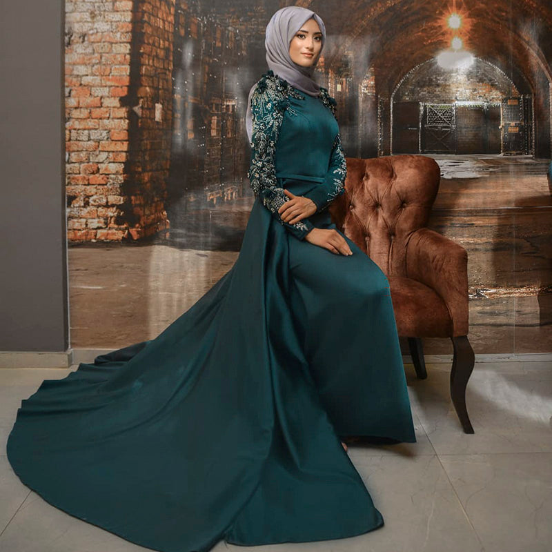 Elegant Champagne Long Sleeves Muslim Evening Dress with Detachable Overskirt Luxury Dubai Women Wedding Formal Party Dresses