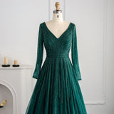 Luxury Dubai Emerald Green Beaded Evening Dress Long Sleeves Burgundy Muslim Formal Dresses for Women Wedding Party