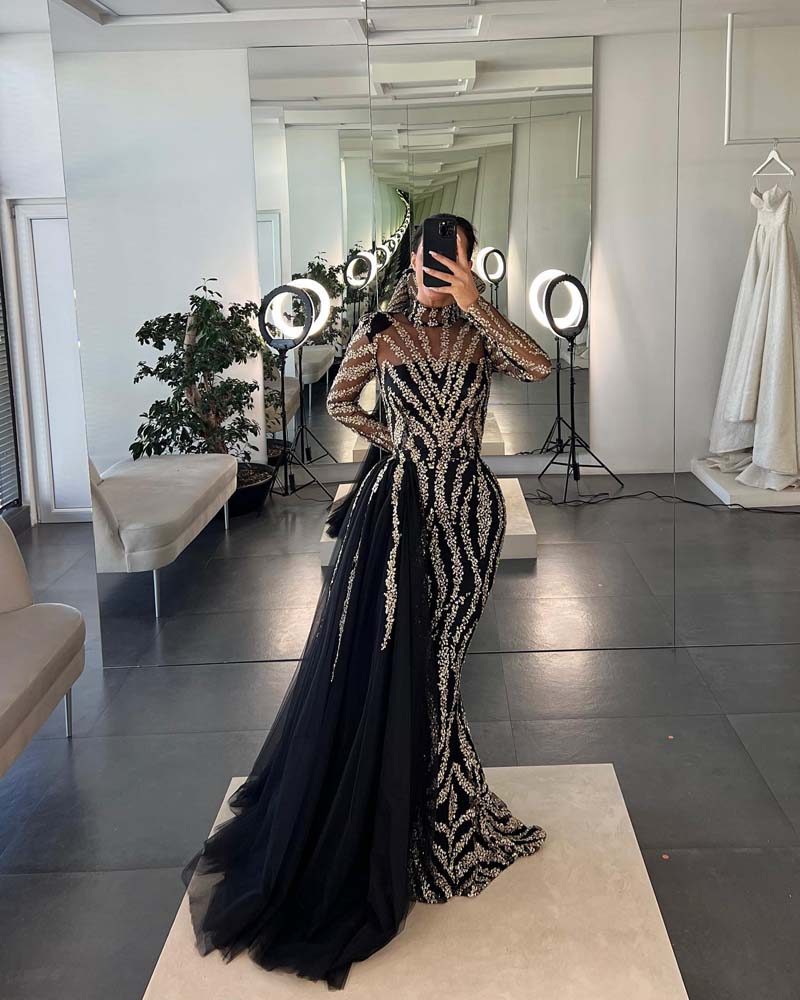 Luxury Black Prom Dress High Neck Long Sleeve Sequins Beading Exquisite Mermaid Party Dresses Detachable Train 2022 New Arrivals