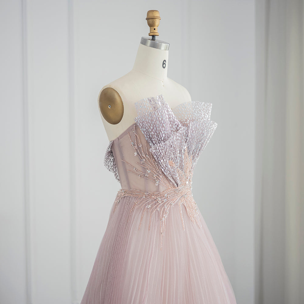 Pink Scalloped Pleats Arabic Evening Dresses 2022 Luxury Dubai Long Formal Dress for Women Wedding Party Gowns