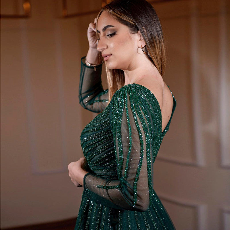 Luxury Dubai Emerald Green Beaded Evening Dress Long Sleeves Burgundy Muslim Formal Dresses for Women Wedding Party
