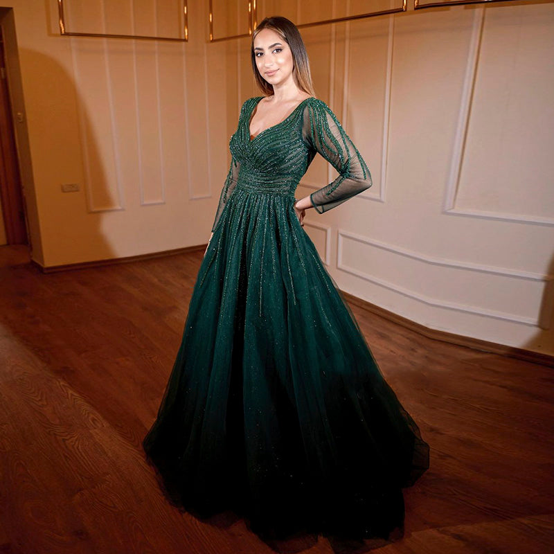 Luxury Dubai Emerald Green Beaded Evening Dress Long Sleeves Burgundy Muslim Formal Dresses for Women Wedding Party