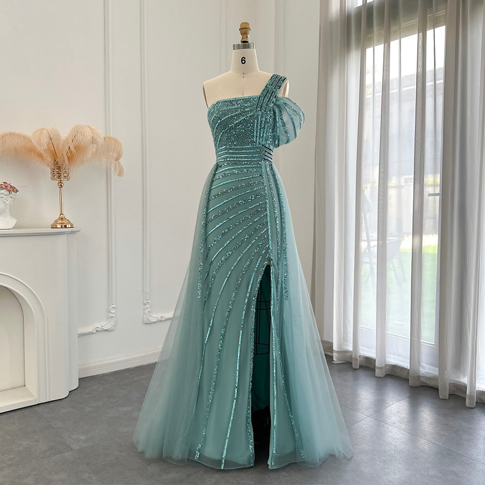 Dubai Turquoise Evening Dress with Overskirt Side Slit Elegant One Sho Chellen-prom Dubai Turquoise Evening Dress with Overskirt Side Slit Elegant One Sho Chellen-prom