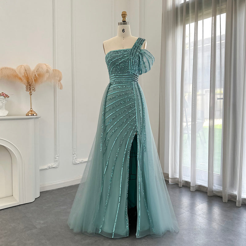 Dubai Turquoise Evening Dress with Overskirt Side Slit Elegant One Shoulder Wedding Formal Party Gowns