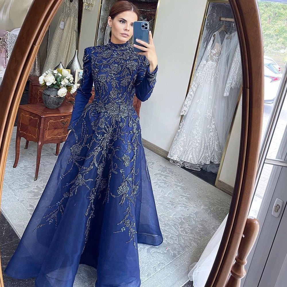 Luxury Dubai Navy Blue Muslim Evening Dress for Women Wedding Party 2022 Elegant Midi Arabic Formal Dresses