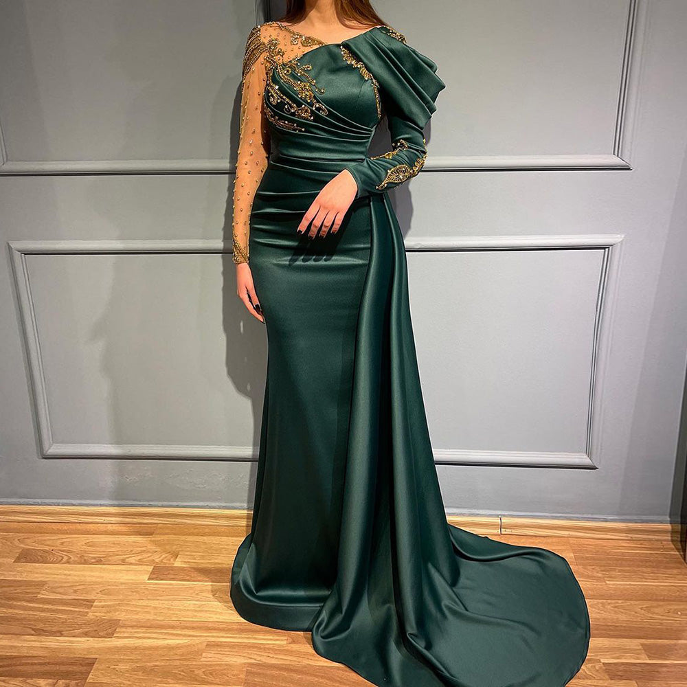 Luxury Emerald Mermaid Arabic Evening Dress for Women Wedding Beaded Overskirt Elegant Formal Party Gown