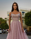 Glitter Pink Beaded Elegant Prom Dress Spaghetti Straps Crystal Shiny Tulle A Line Women's Evening Dress
