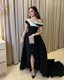 A Line Black Satin Evening Dresses Off The Shoulder Beads Collar Saudi Arabia Prom Dress Long Split Dubai Prom Dress Sweep Train