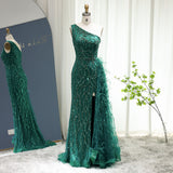 Luxury Feather One Shoulder Emerald Mermaid Prom Dresses with Slit Long Evening Dress for Women Wedding Party Gowns