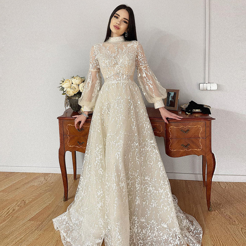 Elegant Biege Lace Muslim Evening Dress 2022 Luxury Dubai Beaded Long Sleeve Women Wedding Party Formal Gowns