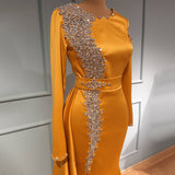 Luxurious Arabic Orange Satin Mermaid Evening Dresses Beaded Crystals Prom Formal Party vestidos de fiesta