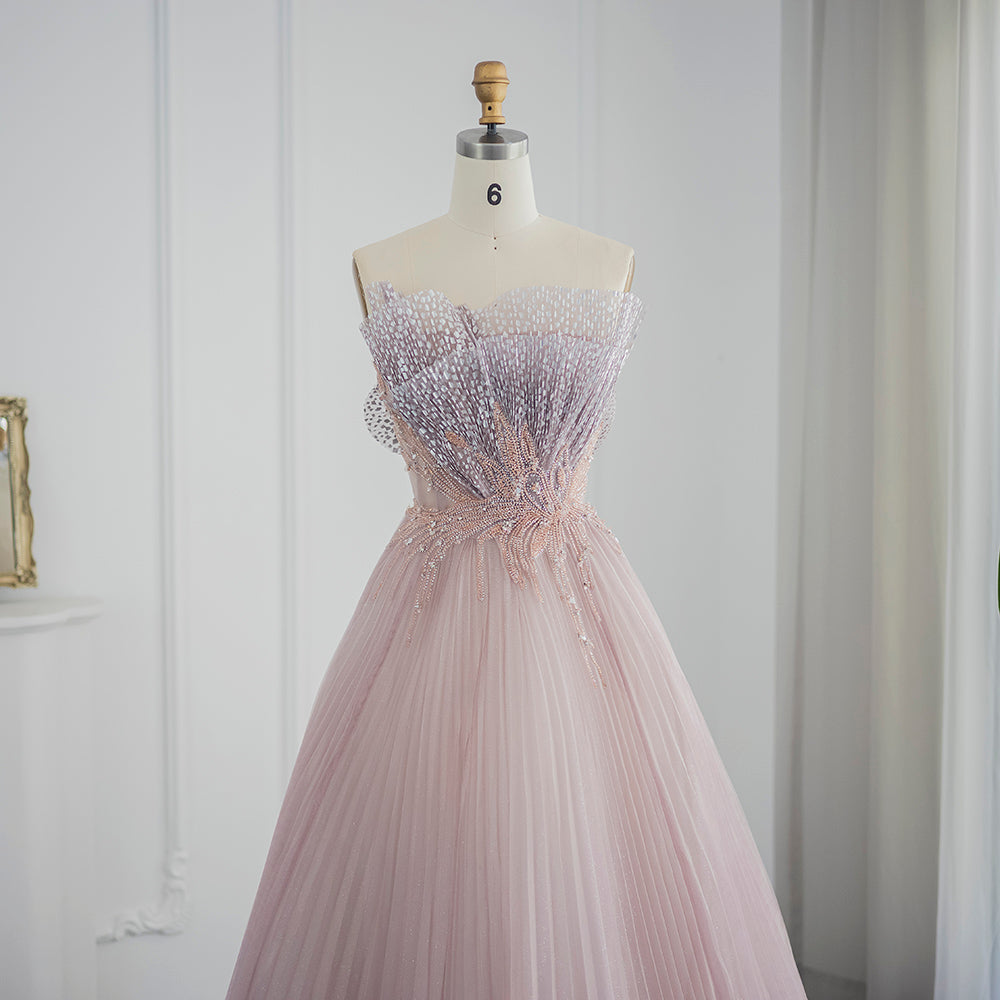 Pink Scalloped Pleats Arabic Evening Dresses 2022 Luxury Dubai Long Formal Dress for Women Wedding Party Gowns