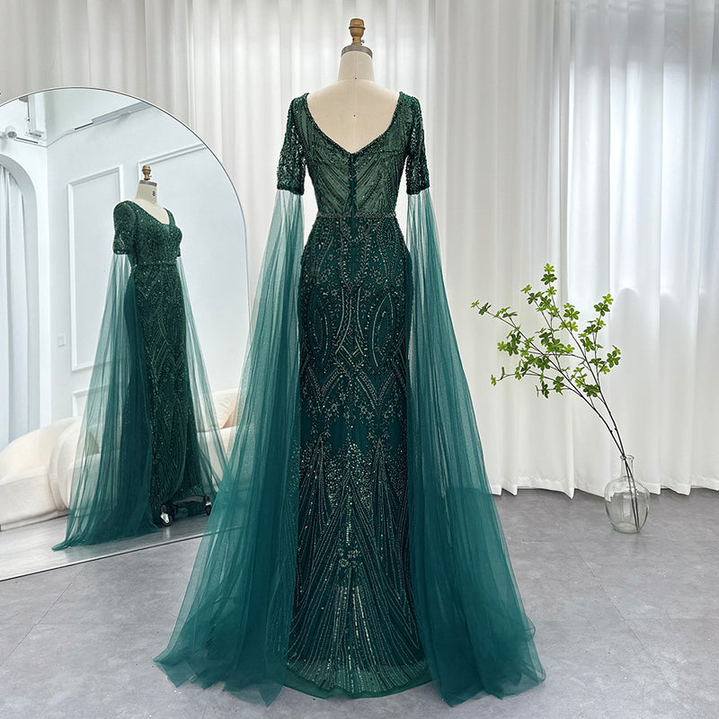 Luxury Emerald Green Evening Dresses with Cape Sleeves 2023 Elegant Rose Gold Gray Women Wedding Party Gowns SS152