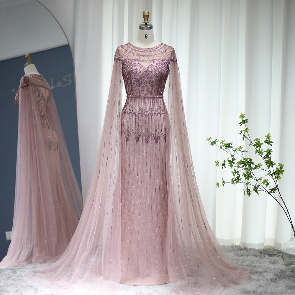 Luxury Gold Mermaid Dubai Beaded Evening Dress with Cape Sleeve Arabic Pink Plus Size Formal Party Dresses for Women Wedding
