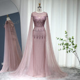 Luxury Gold Mermaid Dubai Beaded Evening Dress with Cape Sleeve Arabic Pink Plus Size Formal Party Dresses for Women Wedding