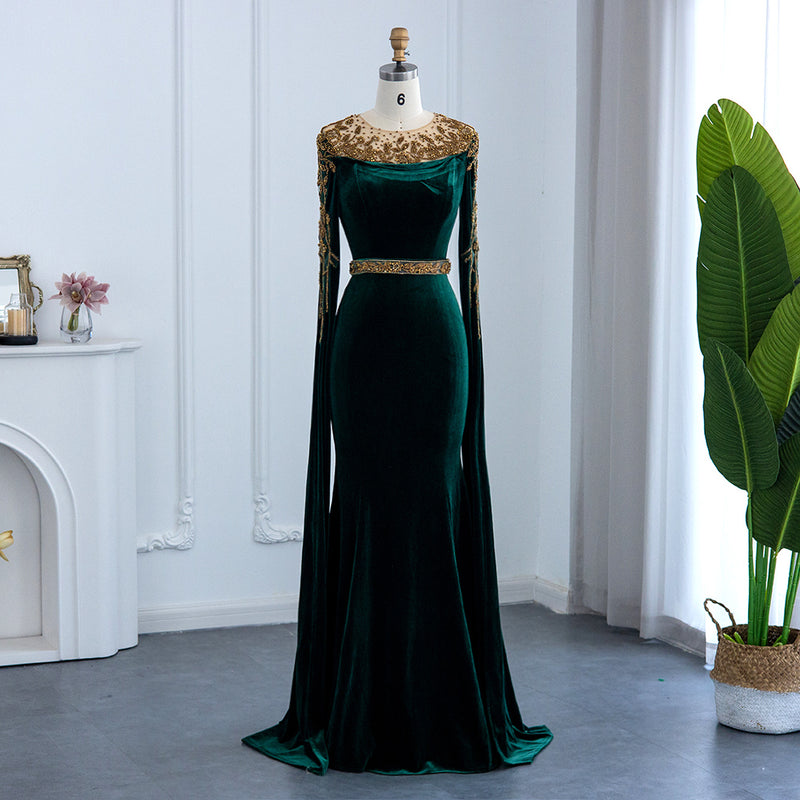 Emerald Green Velvet Mermaid Arabic Evening Dresses Long Sleeve Luxury Dubai Elegant Women Formal Party Dress for Wedding