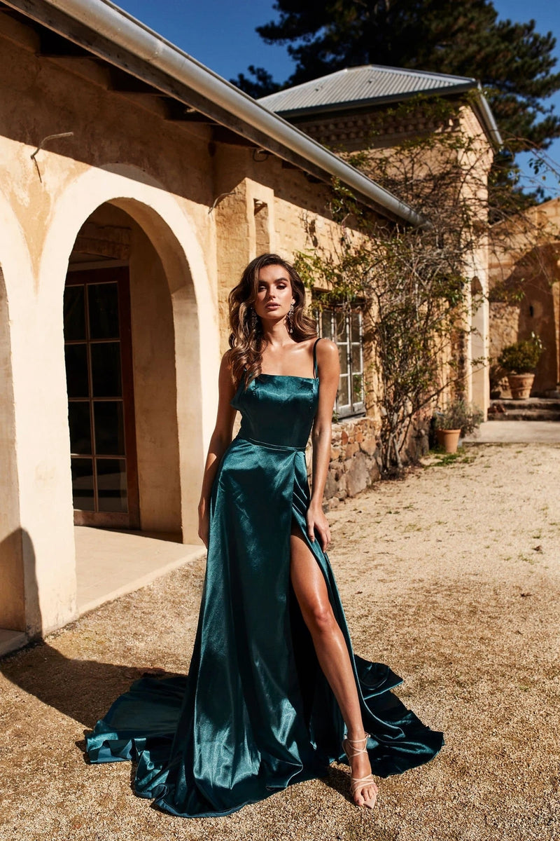 Bianca Satin Gown Split Teal Prom Dresses Party Dresses
