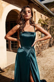 Bianca Satin Gown Split Teal Prom Dresses Party Dresses