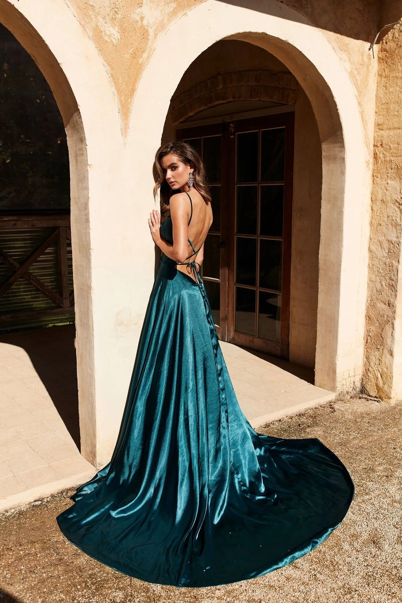 Bianca Satin Gown Split Teal Prom Dresses Party Dresses