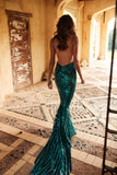 Justina V Neck Mermaid Emerald Sequins Prom Dresses Backless Party Dresses