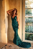 Justina V Neck Mermaid Emerald Sequins Prom Dresses Backless Party Dresses