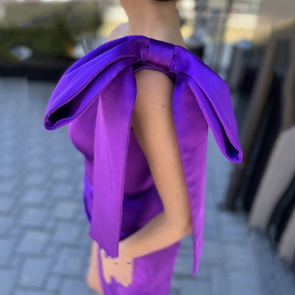 Mermaid One Shoulder Purple Satin Evening Dress Sexy High Split Party Women Prom Gowns with Bow Robes De Soirée فساتين ال