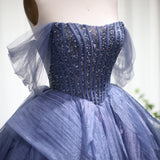 Luxury Blue Tulle Ball Gown Evening Dress for Wedding Party 2022 Elegant Beaded Sweetheart Dress Birthday Formal Gowns