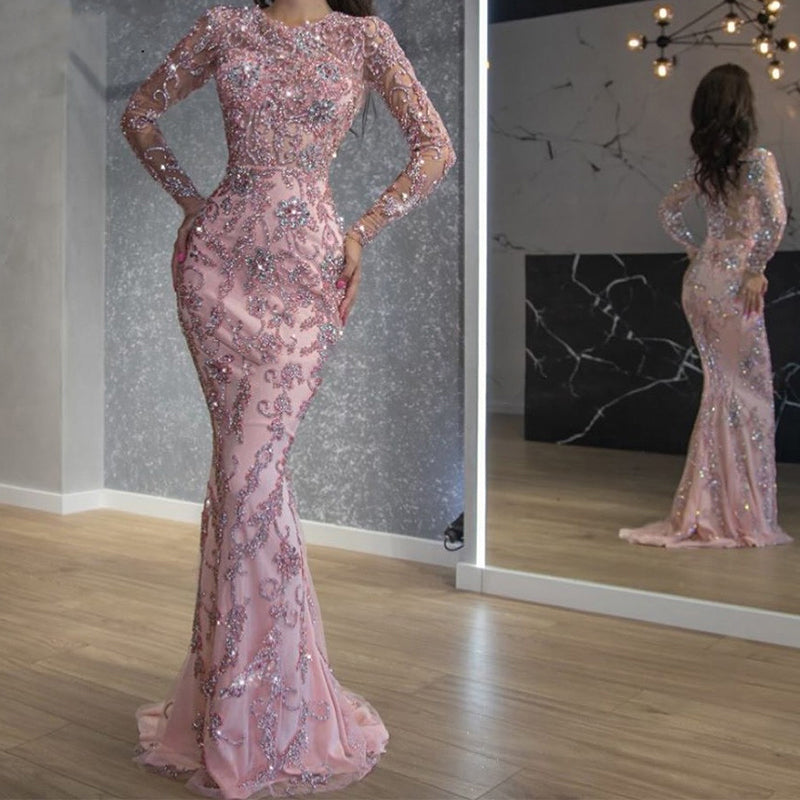 2022 Pink Mermaid Formal Gowns Long Sleeves Evening Dress Sparkly Beading Mermaid Prom Dresses with Detachable Train