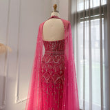 Luxury Dubai Mermaid Pink Evening Dresses with Cape Sleeves 2023 Arabic Women Wedding Guest Formal Party Gowns