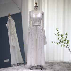 Luxury Kaftan Arabic Moroccan Dubai Abaya Evening Dresses Muslim Long Sleeve Women Wedding Party Gowns Ivory Formal Party Dress