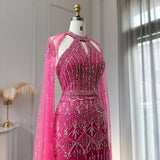 Luxury Dubai Mermaid Pink Evening Dresses with Cape Sleeves 2023 Arabic Women Wedding Guest Formal Party Gowns