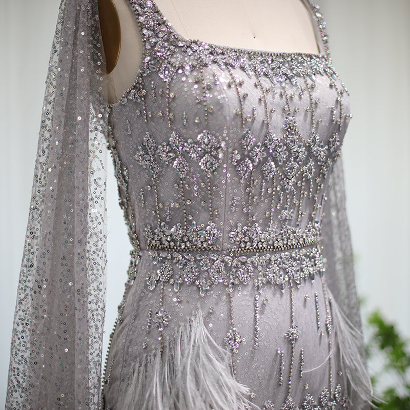 Bling Gray Mermaid Arabic Evening Dress with Cape Luxury Feather Crystal Dubai Prom Formal Dresses for Women Wedding Party Gowns
