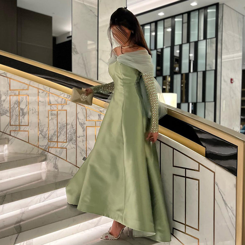 Mint Green Crystal Luxury Dubai Evening Dresses for Women Wedding Party Gold Black Long Sleeve Gala Prom Dress